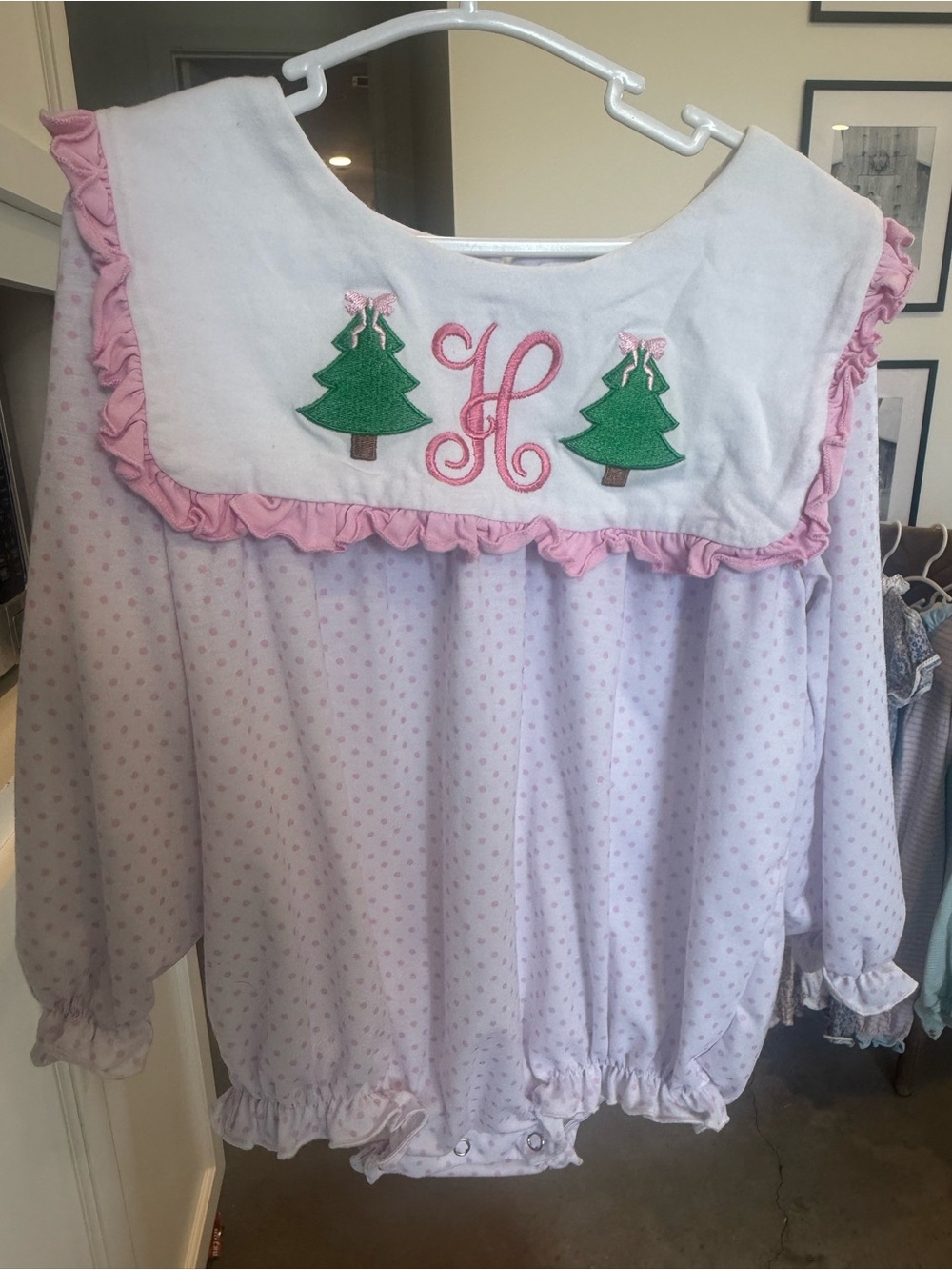 Girls Pink Holiday Tree Monogram Pajama Top